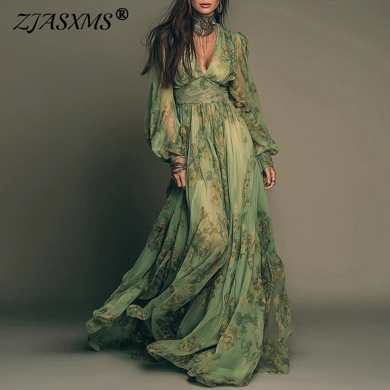 Women'S Green Formal Wear - Elegant Green Floral Print Chiffon Maxi