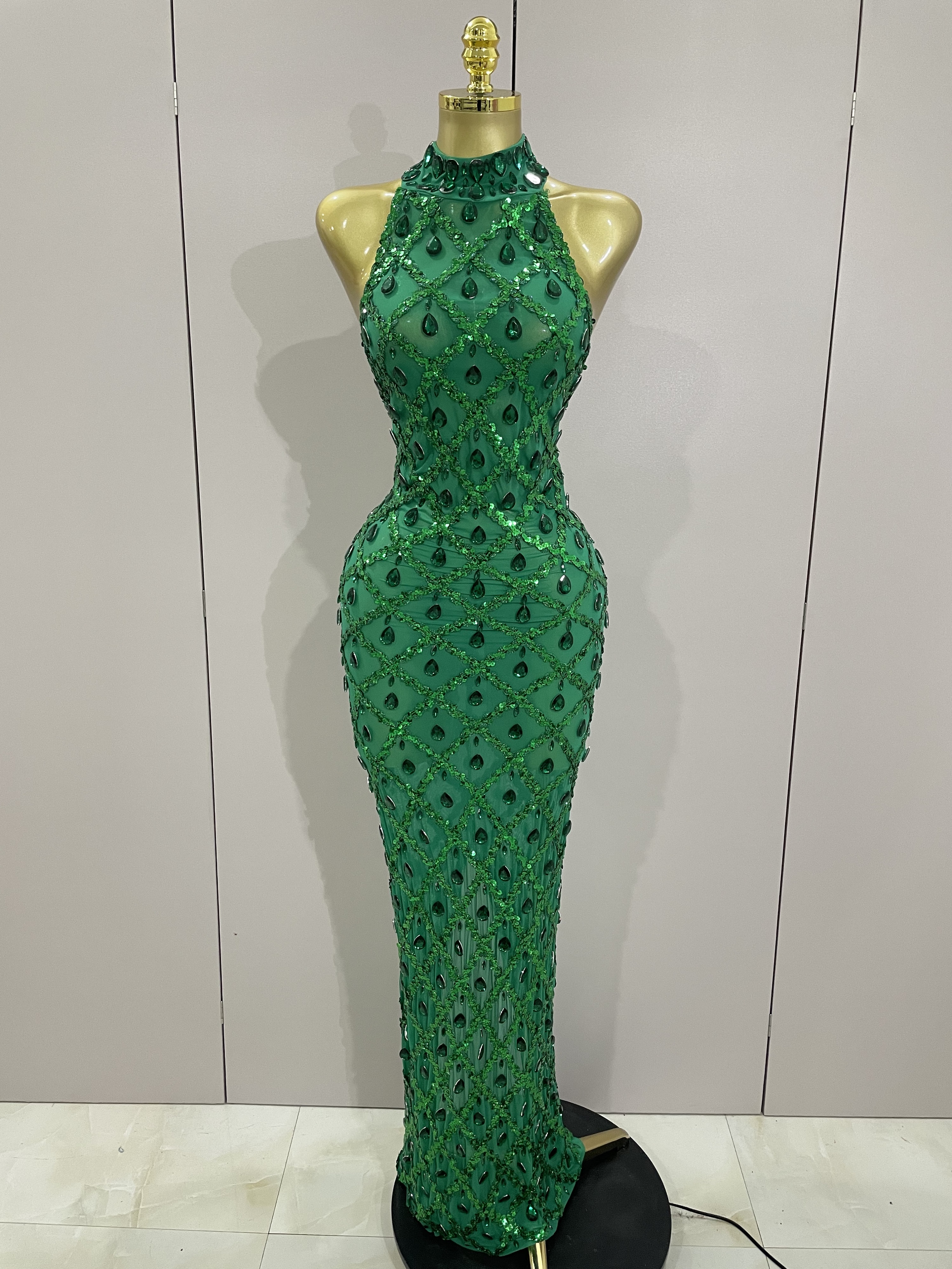 Women'S Green Formal Wear - 2025 New Shiny Diamond Sequins Green