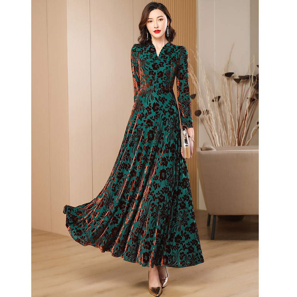 Women'S Green Formal Wear - Spring Autumn New Gold Velvet Long