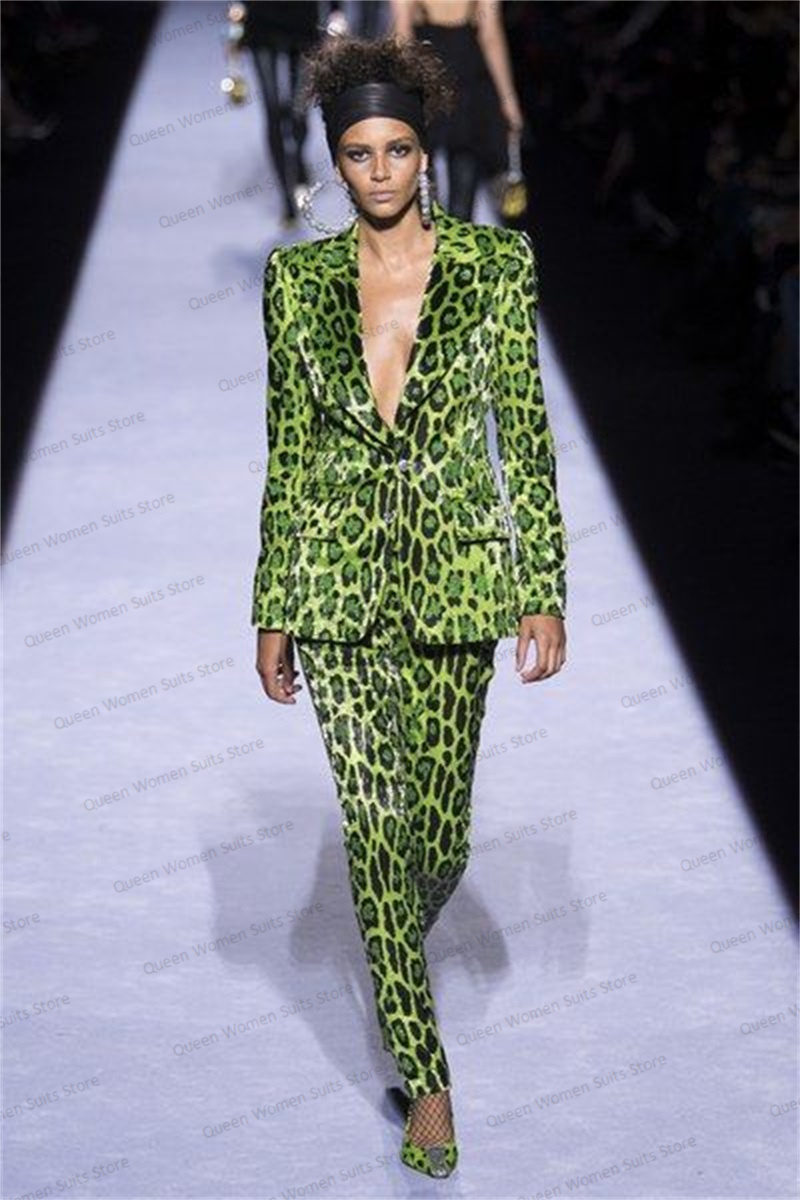 Sequins Leopard Women Suit Set - đánh giá và giá Women'S Green Formal Wear