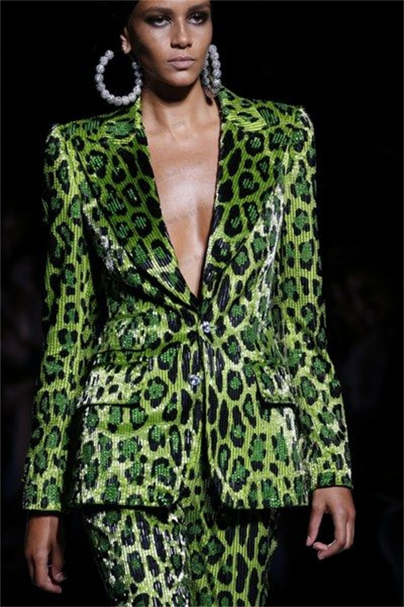 Sequins Leopard Women Suit Set - đánh giá và giá Women'S Green Formal Wear