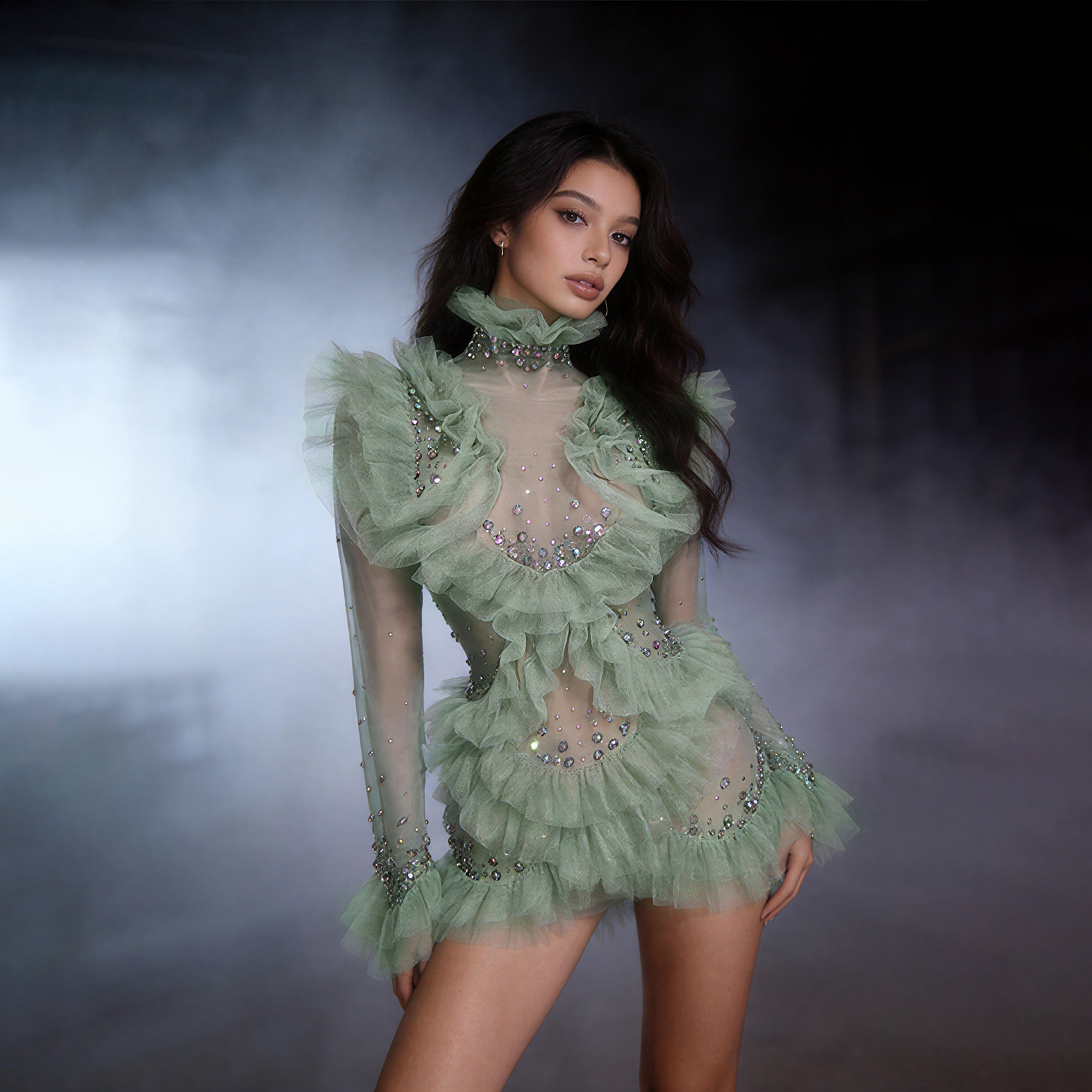 Sage Green Mesh Ruffle Tulle M - đánh giá và giá Women'S Green Formal Wear