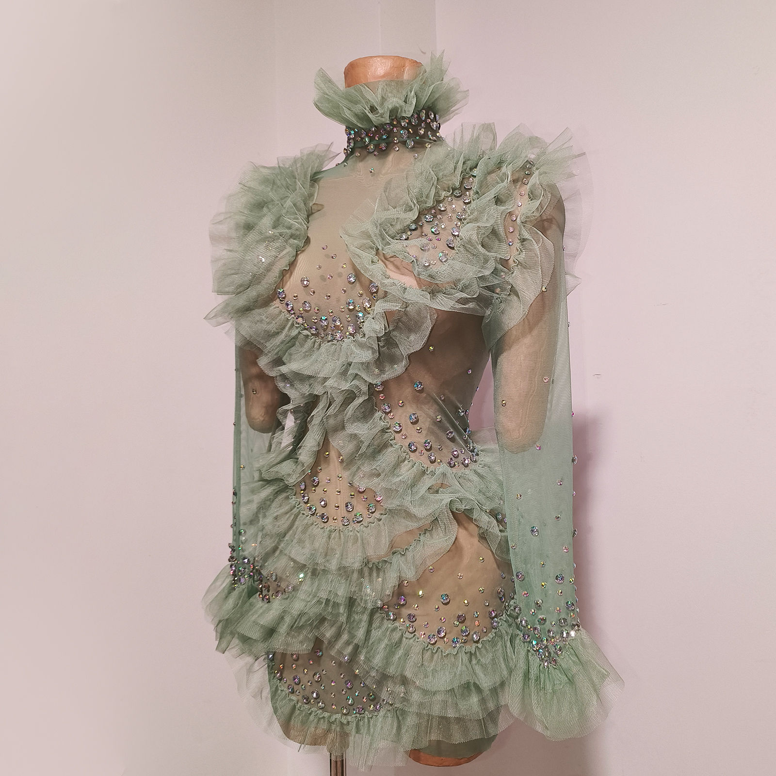 Sage Green Mesh Ruffle Tulle M - đánh giá và giá Women'S Green Formal Wear