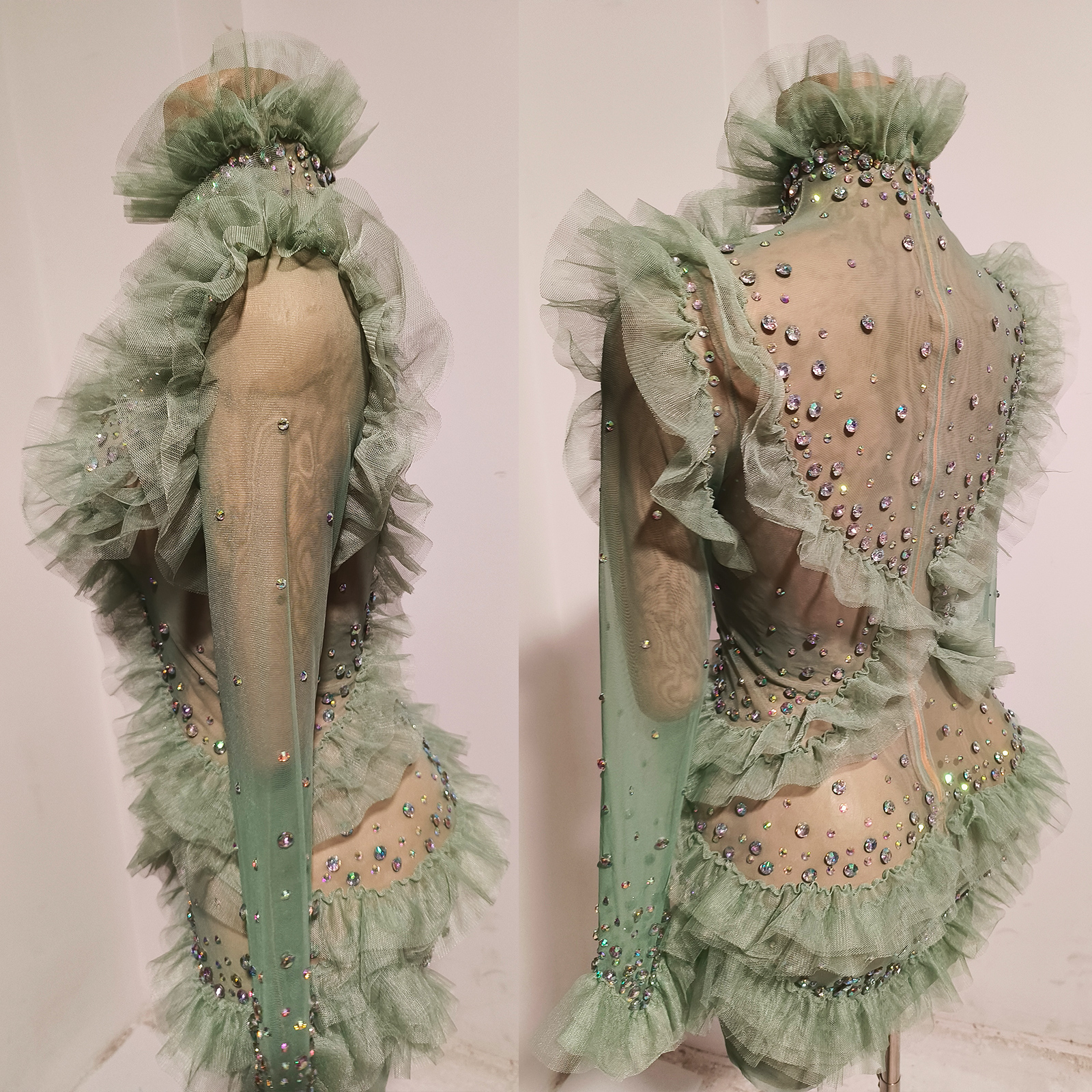 Sage Green Mesh Ruffle Tulle M - đánh giá và giá Women'S Green Formal Wear