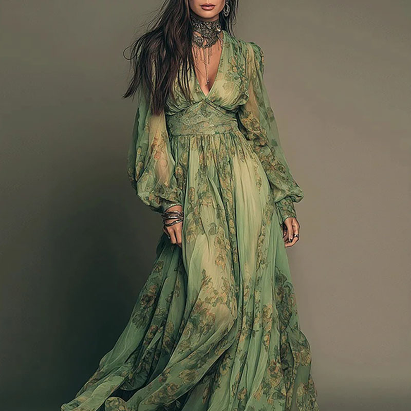 Elegant Green Floral Print Chi - đánh giá và giá Women'S Green Formal Wear