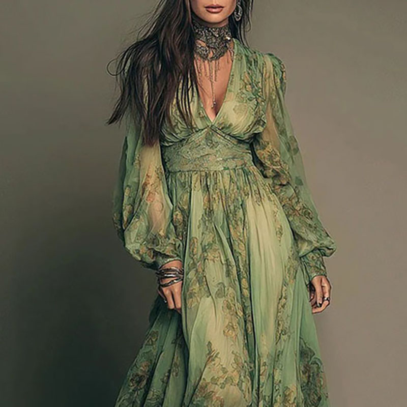 Elegant Green Floral Print Chi - đánh giá và giá Women'S Green Formal Wear